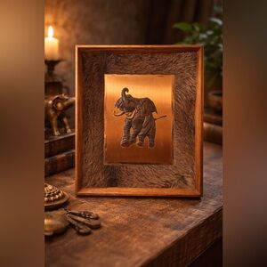 Vintage Embossed Copper Elephant Wall Art • Framed Plaque African Inspired Decor